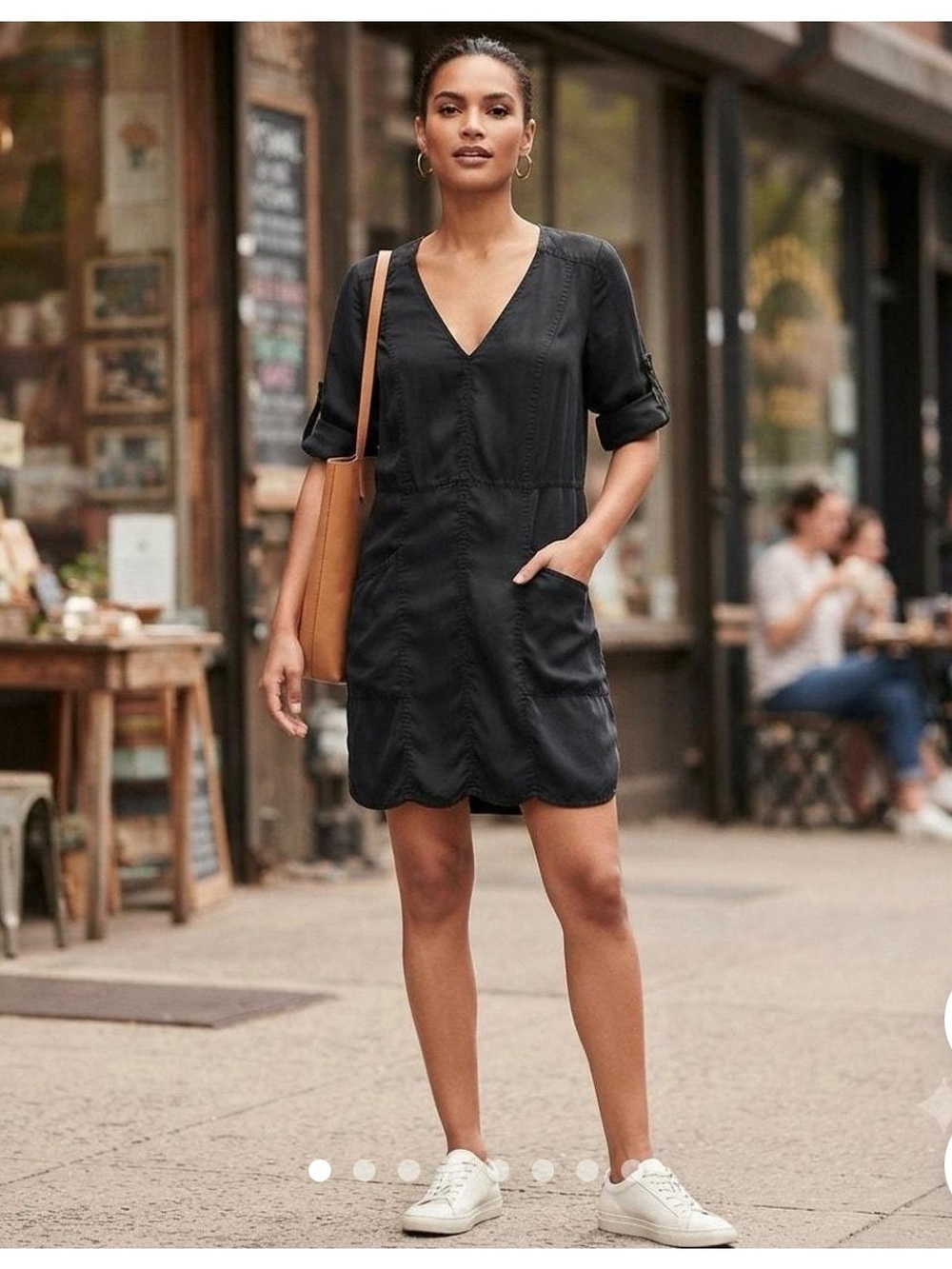 Anthropologie Black V‑Neck Scallop‑Hem Mini Dress